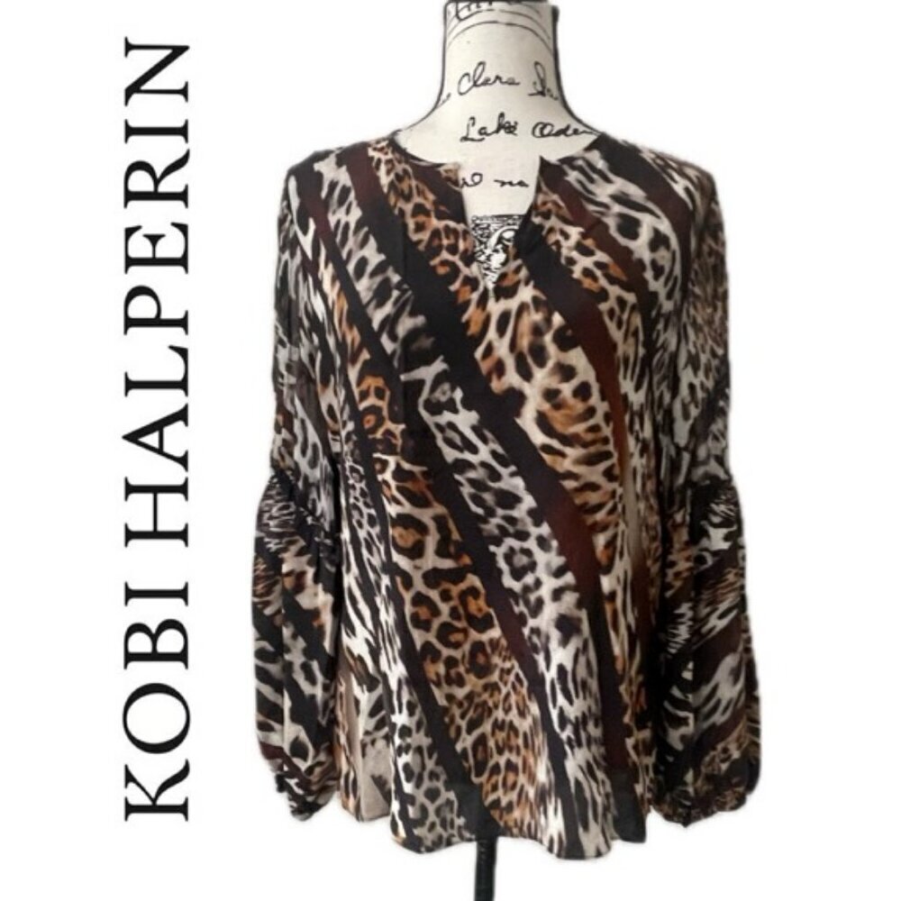 KOBI HALPERIN BLOUSE SILK FALLON MIX LEOPARD-PRINT SZ S EMBELLISHED‎ BADDIECORE